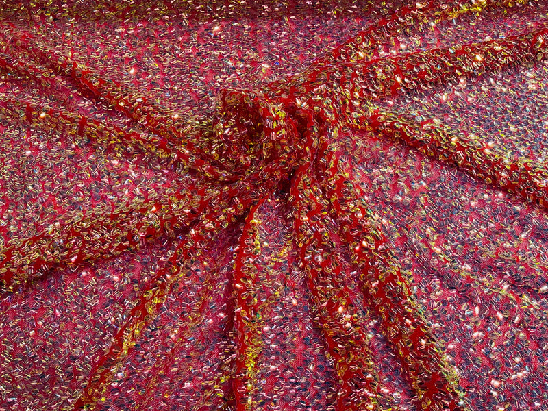 New Iridescent Clear Sequin Fabric Embroidery On Red Power Mesh 4Way S