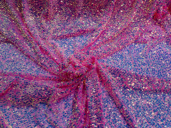 New Iridescent Clear Sequin Fabric Embroidery On Pink Power Mesh 4Way Stretch Sequins By The Yard