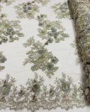 Silver Flower 3D Fabric - by the Yard - Embroided Fabric Flower Pearls and Beaded Fabric