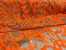 Orange Sequin Fabric - 4 Way Stretch Embroidered Royalty Sequins Design Fabric By Yard