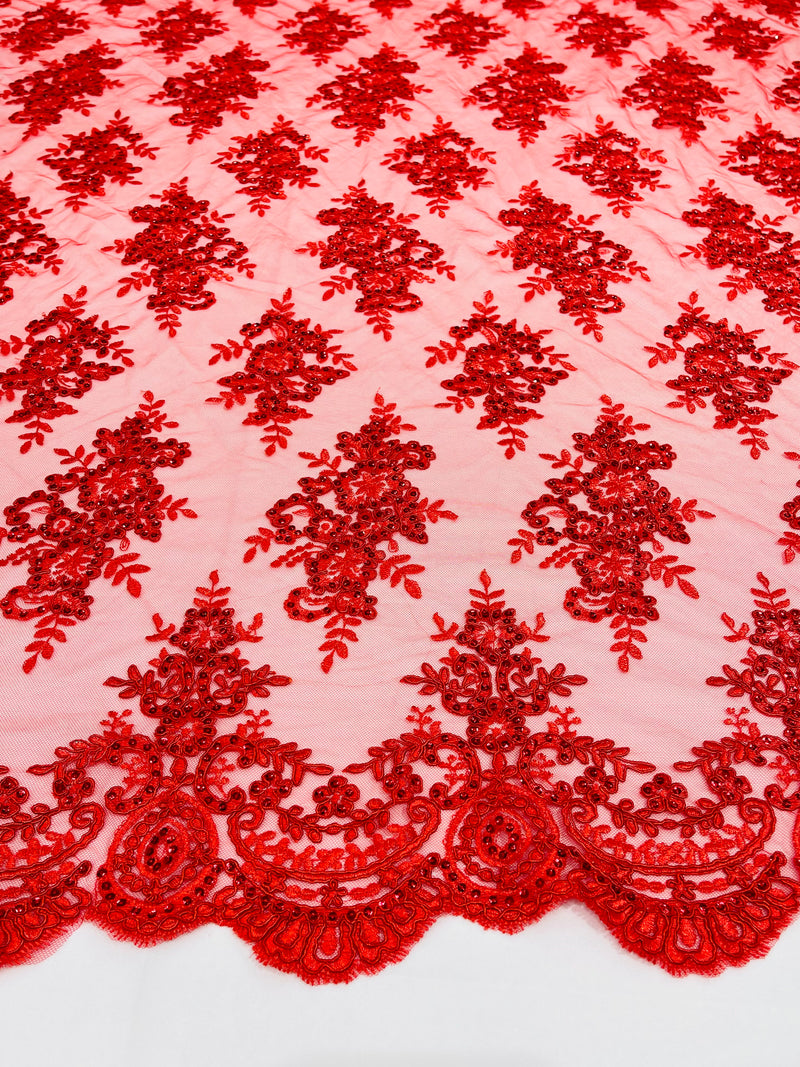 Red Floral Lace Fabric - by the yard - Corded Flower Embroidery Design With Sequins on a Mesh