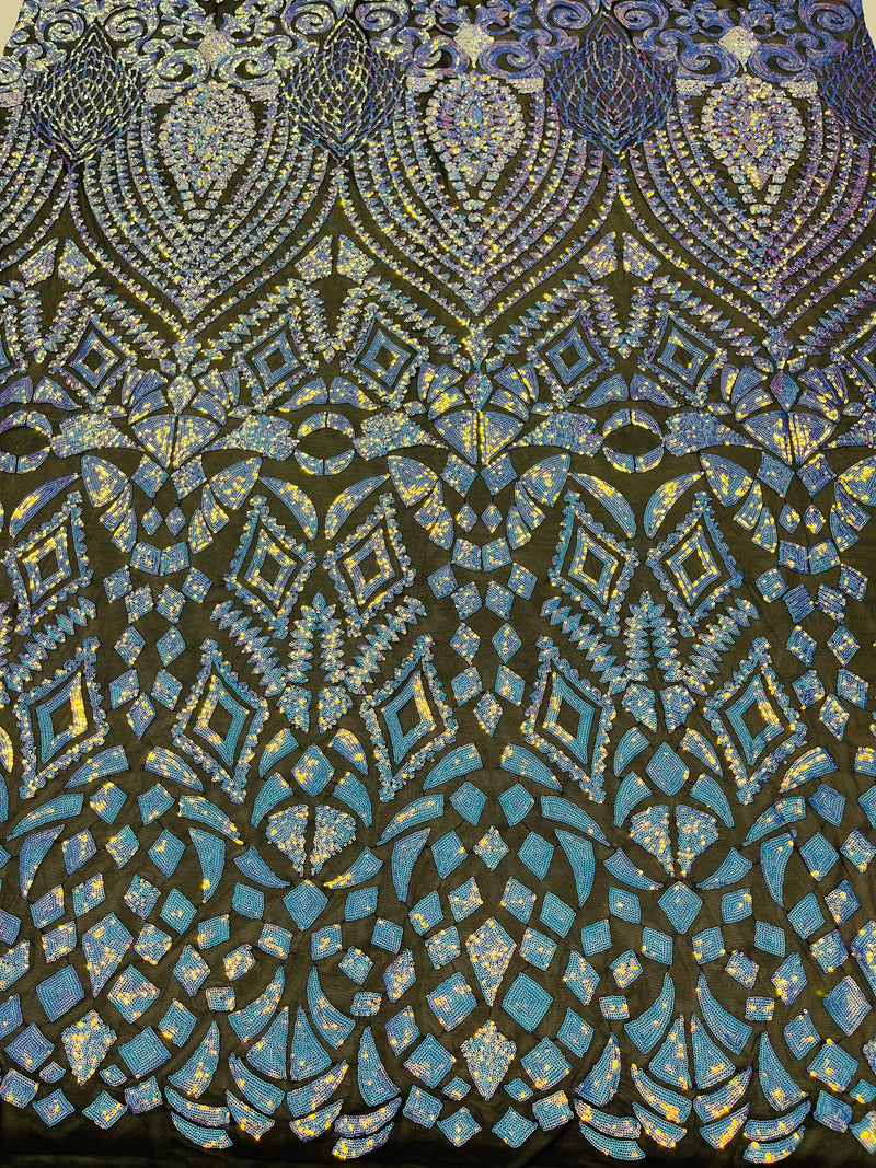 Aqua/Blue Iridescent Sequins Fabric On Black Mesh 4 Way Stretch Geometric Design By The Yard