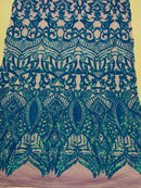 Iridescent Turquoise - 4 Way Stretch Embroidered Royalty Sequins Design Fabric By Yard