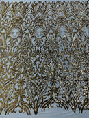 Gold Sequin Fabric - by the yard - On Mesh 4 Way Stretch, Damask Design Sequins