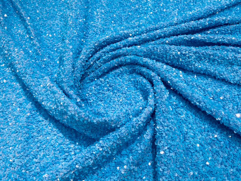 Aqua Blue Sequin Fabric on Stretch Velvet - by the yard - Sequins 2 Way Stretch 58/60”