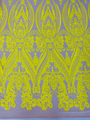 Big Damask Sequins Fabric - Yellow on Nude - 4 Way Stretch Damask Sequins Design Fabric By Yard