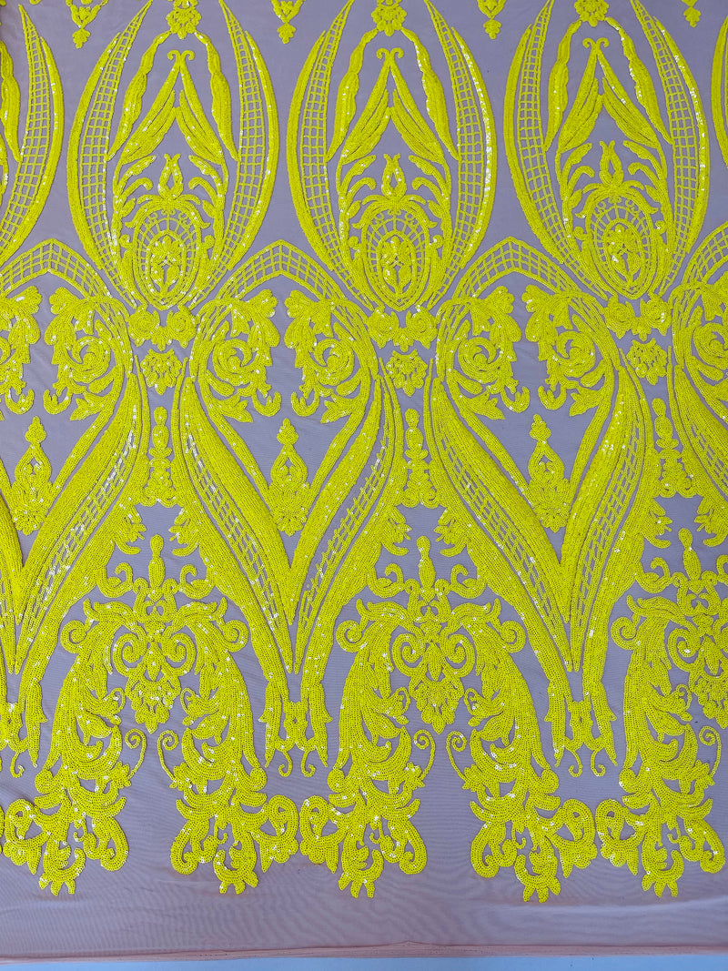 Big Damask Sequins Fabric - Yellow on Nude - 4 Way Stretch Damask Sequins Design Fabric By Yard