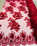 Burgundy Flower 3D Fabric - by the Yard - Embroided Fabric Flower Pearls and Beaded Fabric