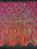 Orange/Fuchsia Iridescent - 4 Way Stretch Embroidered Royalty Sequins Design Fabric By Yard
