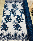 NAVY BLUE Flower 3D Fabric - by the Yard - Embroided Fabric Flower Pearls and Beaded Fabric