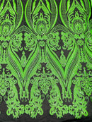 Big Damask Sequins Fabric - Neon Green / Black - 4 Way Stretch Damask Sequins Design Fabric By Yard