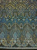 Aqua/Blue Iridescent Sequins Fabric On Black Mesh 4 Way Stretch Geometric Design By The Yard