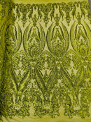 Big Damask Sequins Fabric - Olive Green  - 4 Way Stretch Damask Sequins Design Fabric By Yard
