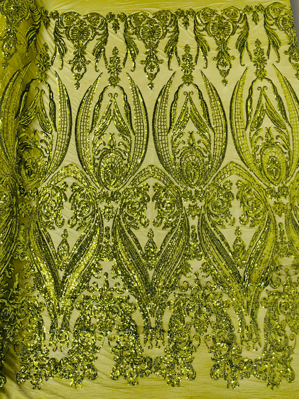 Big Damask Sequins Fabric - Olive Green  - 4 Way Stretch Damask Sequins Design Fabric By Yard