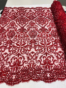 Burgundy Bridal Lace Hand Beaded Embroidered Floral Fabric - by the yard - Wedding Beaded Fabric