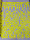 Big Damask Sequins Fabric - Yellow on Nude - 4 Way Stretch Damask Sequins Design Fabric By Yard