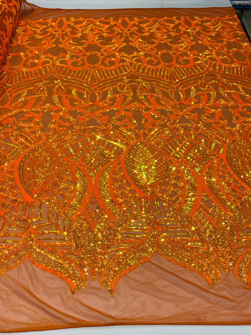 Orange Iridescent  - 4 Way Stretch Embroidered Royalty Sequins Design Fabric By Yard
