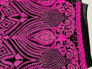 Neón Pink Sequins Fabric On Black Mesh 4 Way Stretch Geometric Design By The Yard