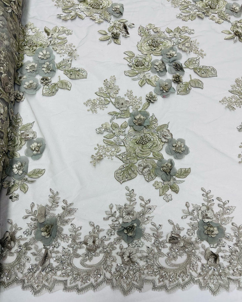 Silver Flower 3D Fabric - by the Yard - Embroided Fabric Flower Pearls and Beaded Fabric