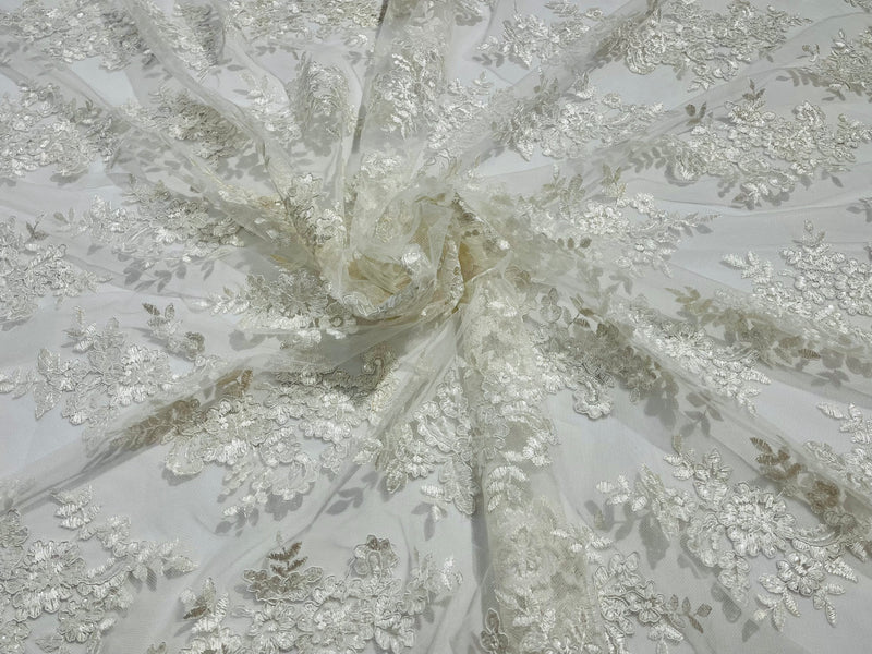 White Floral Lace Fabric - by the yard - Corded Flower Embroidery Design With Sequins on a Mesh