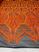 Orange Sequin - 4 Way Stretch Embroidered Royalty Sequins Design Fabric By Yard