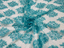 Floral Lace Fabric - Tiffany Blue - Flower Cluster Embroidery Design With Sequins on a Mesh