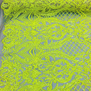 4 Way Stretch Damask Design Yellow Sequins Fabric On NUDE Mesh By Yard