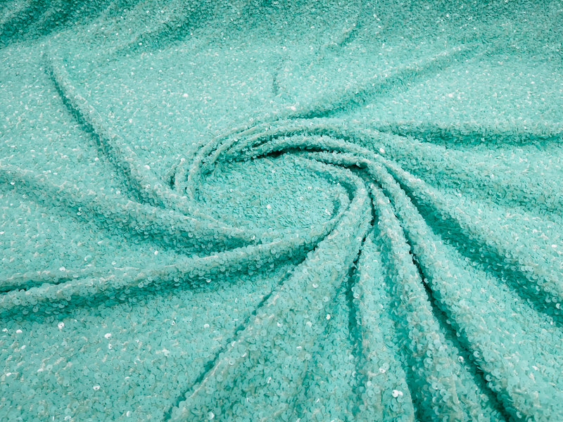 Mint Sequin Fabric on Stretch Velvet - by the yard - Sequins 2 Way Stretch  58/60”