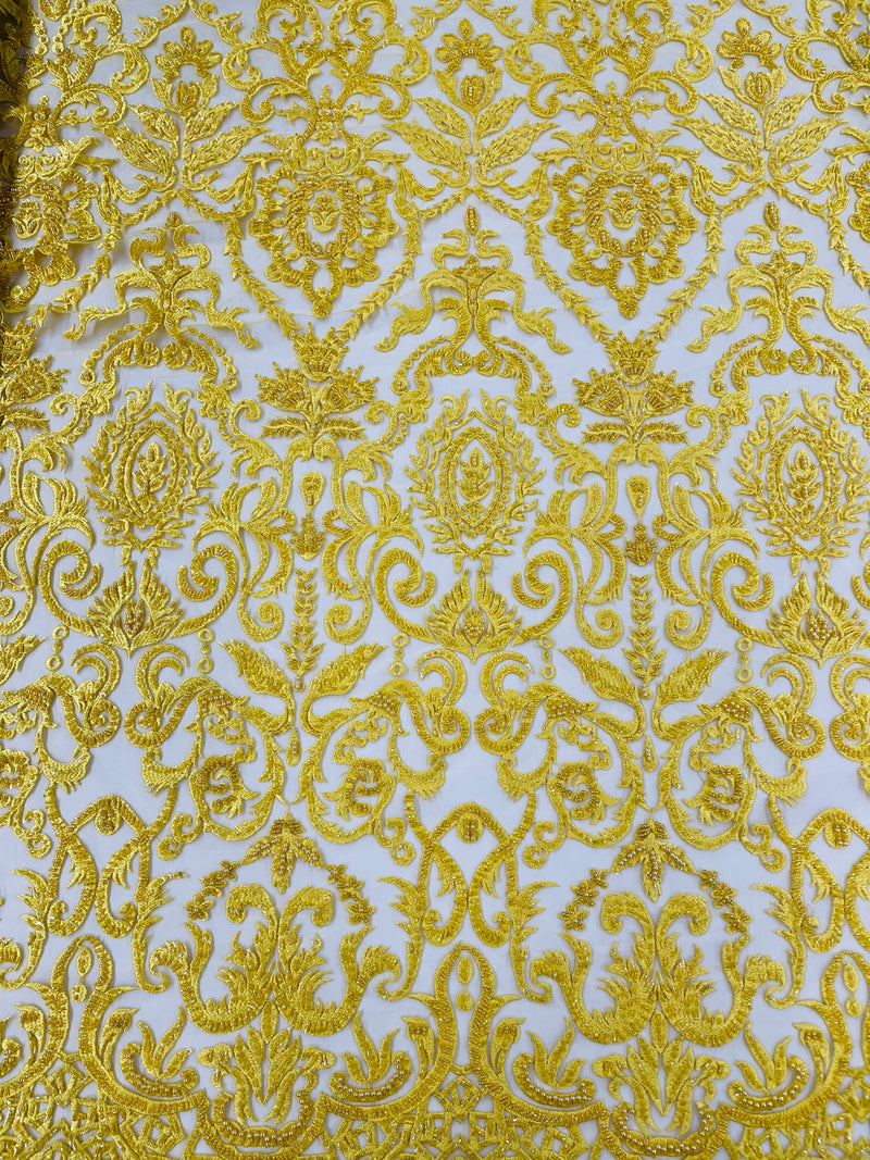 Yellow Bridal Lace Hand Beaded Embroidered Floral Fabric - by the yard - Wedding Beaded Fabric