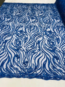 Royal Blue Beaded Fabric - by the yard - Fancy Embroidered Zebra Design with Beads on Mesh Fabric