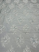 Floral Lace Fabric - Silver on Black Mesh - Flower Cluster Embroidery Design With Sequins on a Mesh