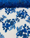 Royal Blue Flower 3D Fabric - by the Yard - Embroided Fabric Flower Pearls and Beaded Fabric