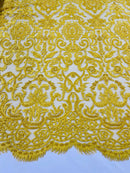 Yellow Bridal Lace Hand Beaded Embroidered Floral Fabric - by the yard - Wedding Beaded Fabric