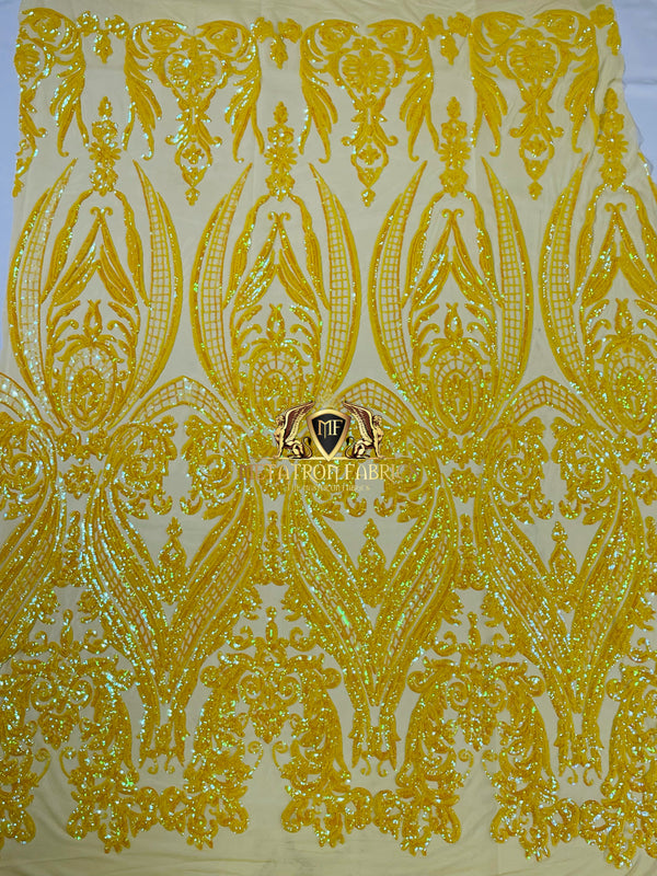 Big Damask Sequins Fabric - Yellow - 4 Way Stretch Damask Sequins Design Fabric By Yard