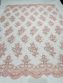 Blush Pink Floral Lace Fabric by the yard Corded Flower Embroidery Design With Sequins on a Mesh