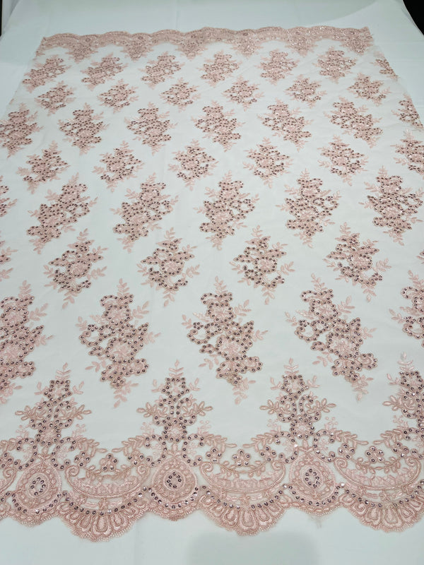 Blush Pink Floral Lace Fabric by the yard Corded Flower Embroidery Design With Sequins on a Mesh