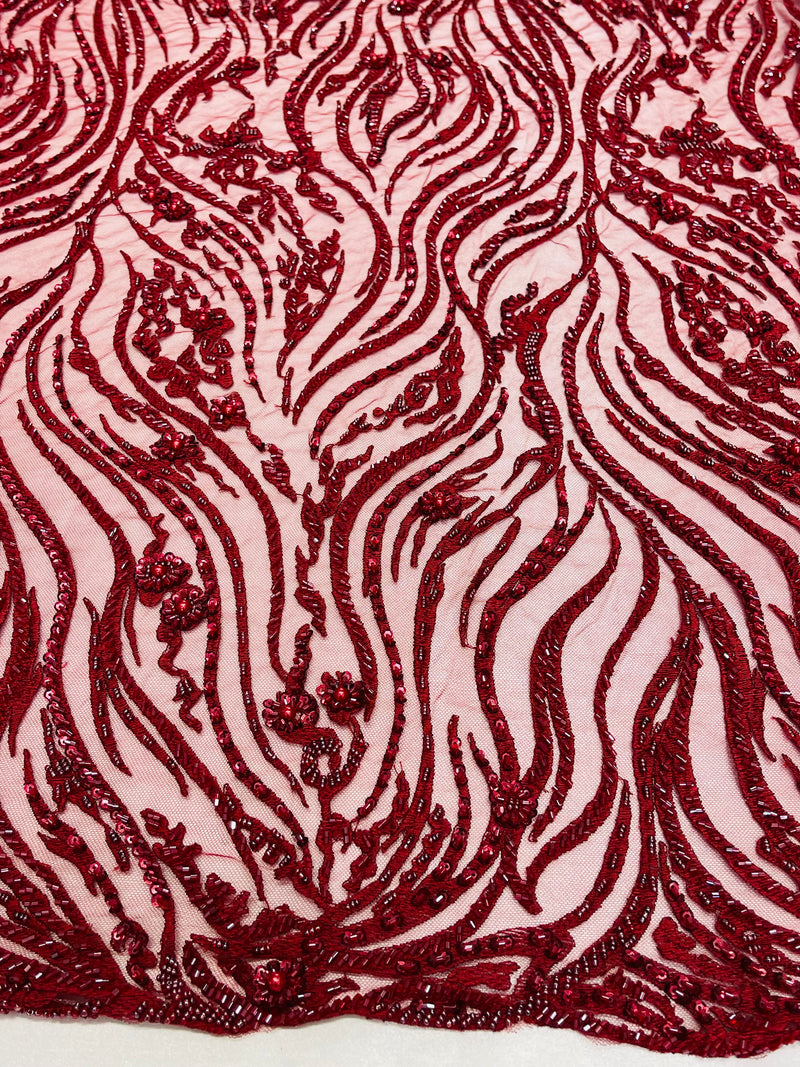Burgundy Beaded Fabric - by the yard - Fancy Embroidered Zebra Design with Beads on Mesh Fabric