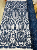 Navy Beaded Damask Fabric - by the yard - Embroidered with Beads and Sequins on Mesh Fabric