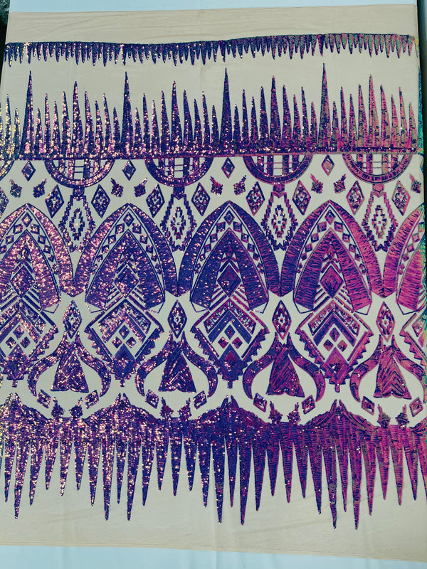 Lavender/Purple Iridescent Sequin Fabric, by the yard - Nude Mesh 4 Way Stretch Aztec Design