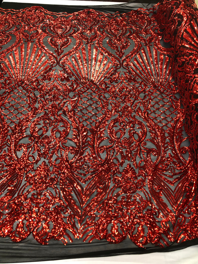 Red Sequins On Black Mesh 4 Way Stretch Damask Design Fabric On Stretch Mesh By The Yard