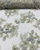 Silver Flower 3D Fabric - by the Yard - Embroided Fabric Flower Pearls and Beaded Fabric