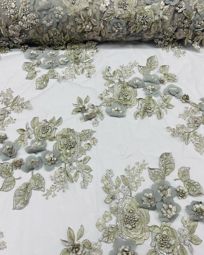 Silver Flower 3D Fabric - by the Yard - Embroided Fabric Flower Pearls and Beaded Fabric