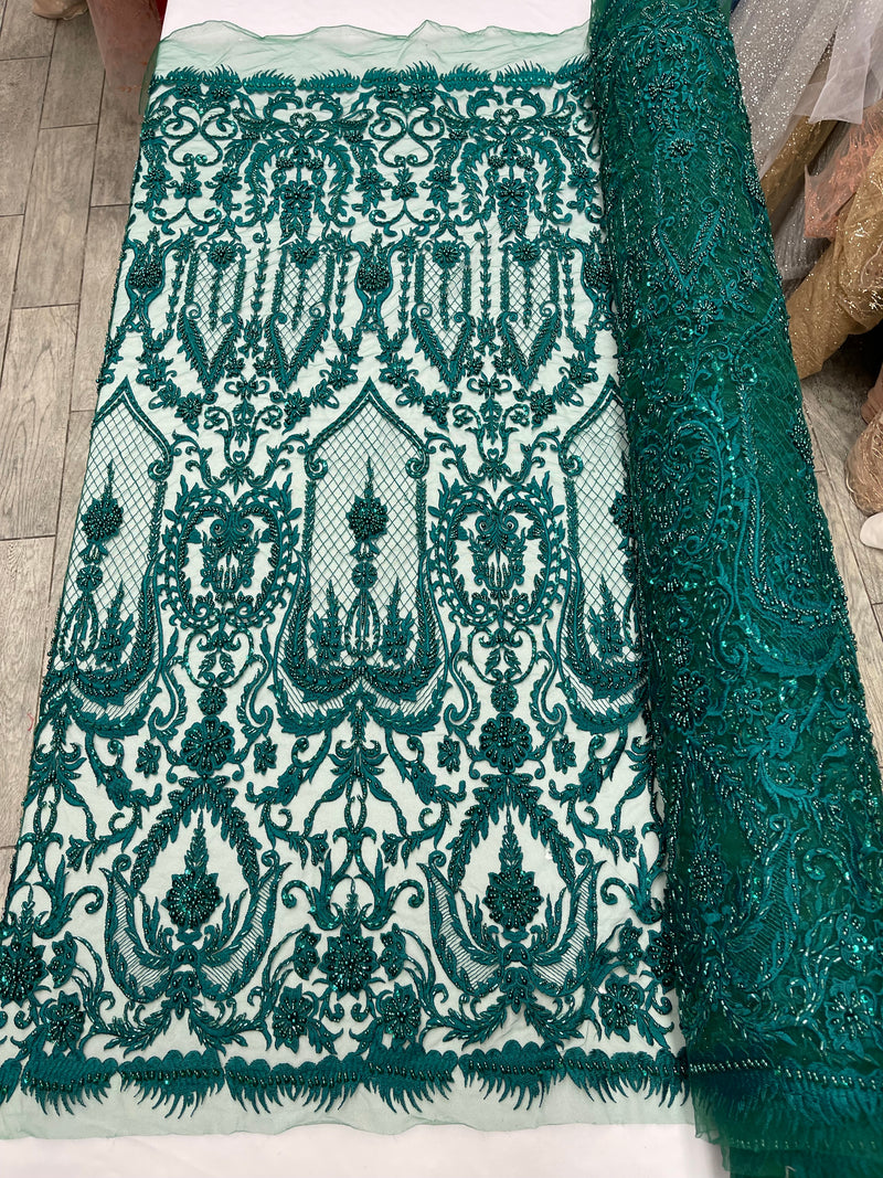 Hunter Green Beaded Damask Fabric - by the yard - Embroidered with Beads and Sequins on Mesh Fabric