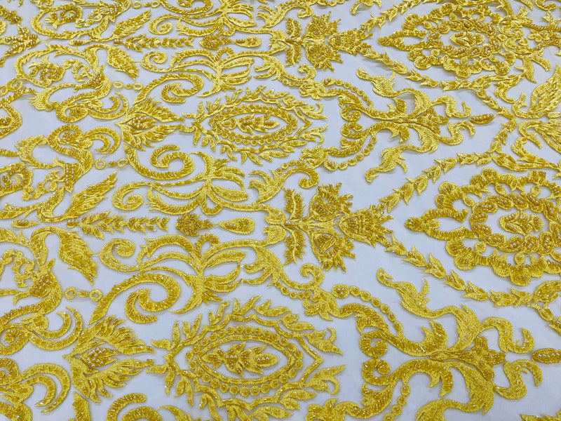 Yellow Bridal Lace Hand Beaded Embroidered Floral Fabric - by the yard - Wedding Beaded Fabric