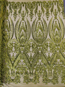 Big Damask Sequins Fabric - Olive Green  - 4 Way Stretch Damask Sequins Design Fabric By Yard