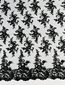 Lace Flower Cluster Fabric - Black - Embroidered Flower With Sequins on a Mesh Lace Fabric By Yard