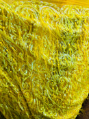 Yellow iridescent Luxury Feather Sequins - 4 Way Stretch Glamorous Fringe Feather Sequins Fabric