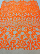 Orange Sequin - 4 Way Stretch Embroidered Royalty Sequins Design Fabric By Yard