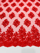 Floral Lace Fabric - Red - Flower Cluster Embroidery Design With Sequins on a Mesh