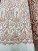 Blush Peach Beaded Damask Fabric - by the yard - Embroidered with Beads and Sequins on Mesh Fabric
